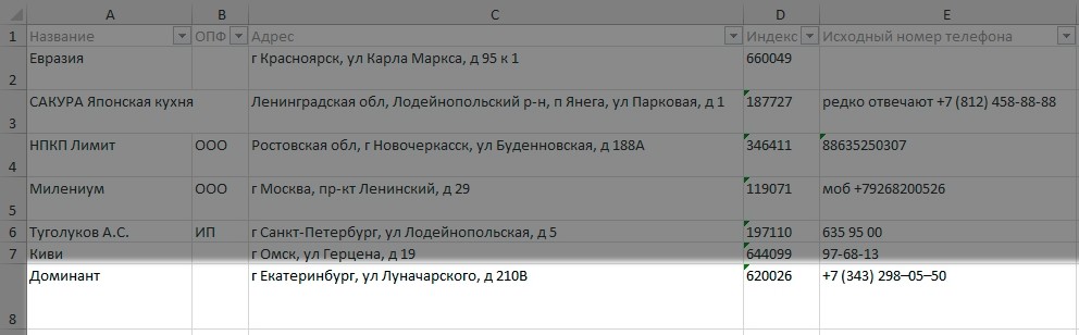 Excel-файл от Dadata